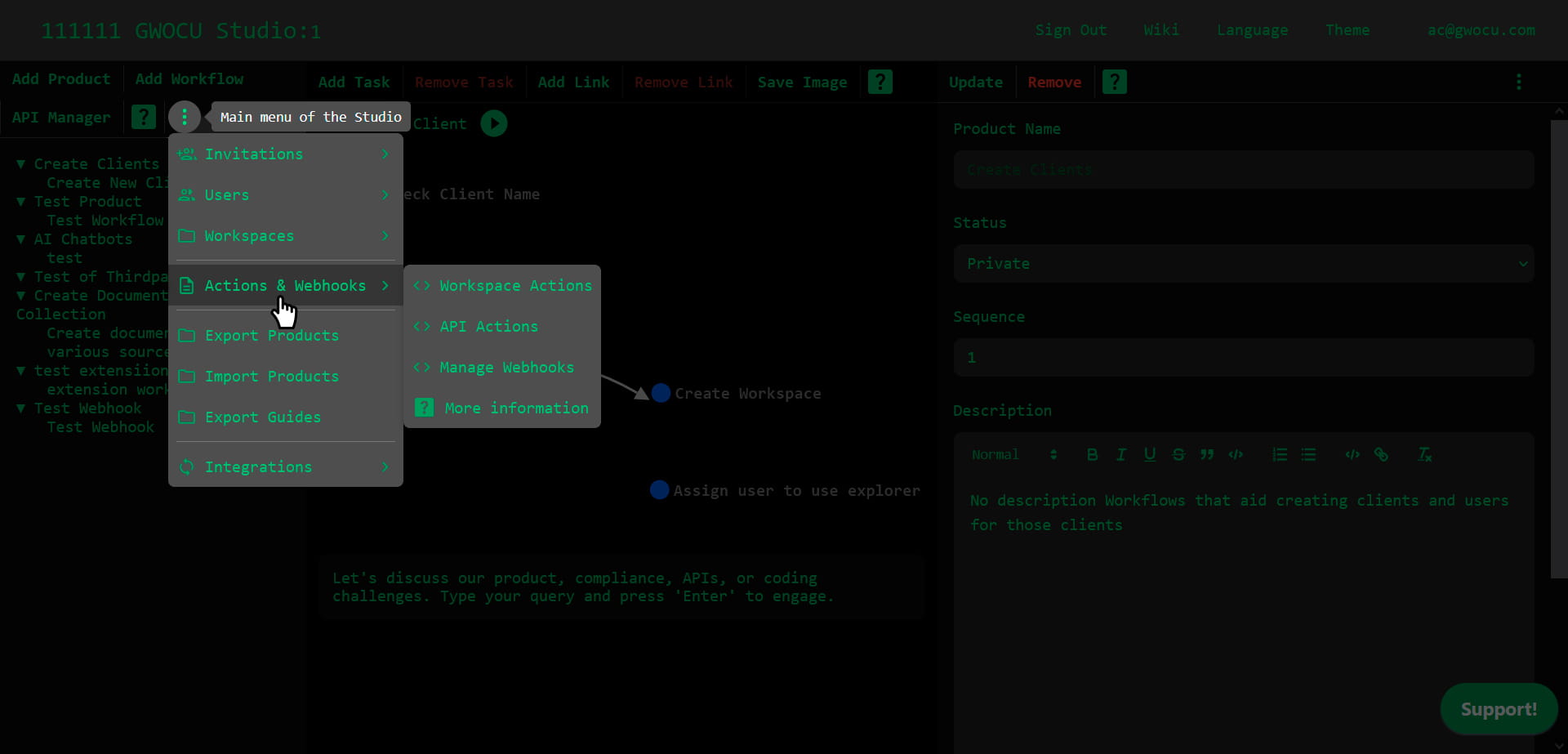 Actions and Webhooks submenu
