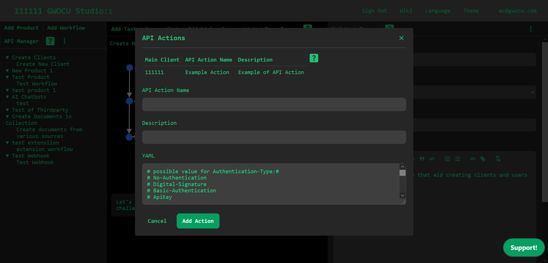 API actions modal