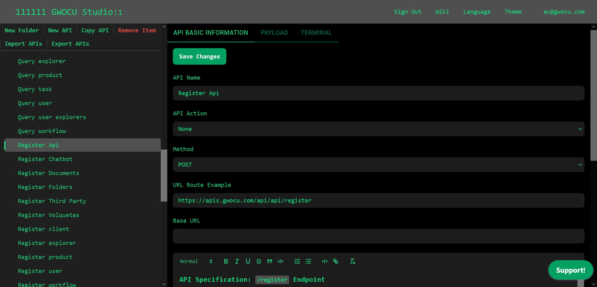 API Basic information tab panel