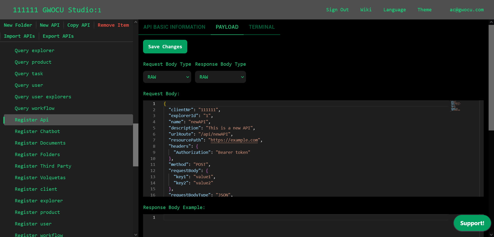 API Advanced Settings tab panel