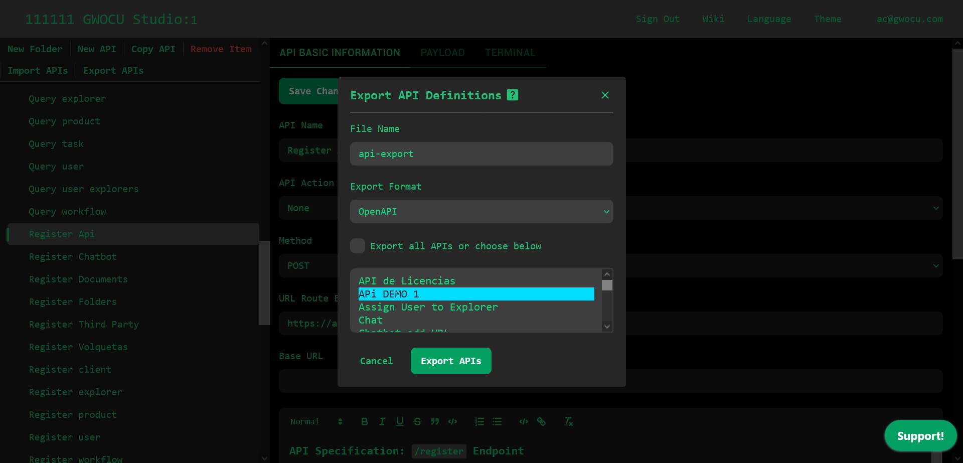 Export API Definitions modal dialog