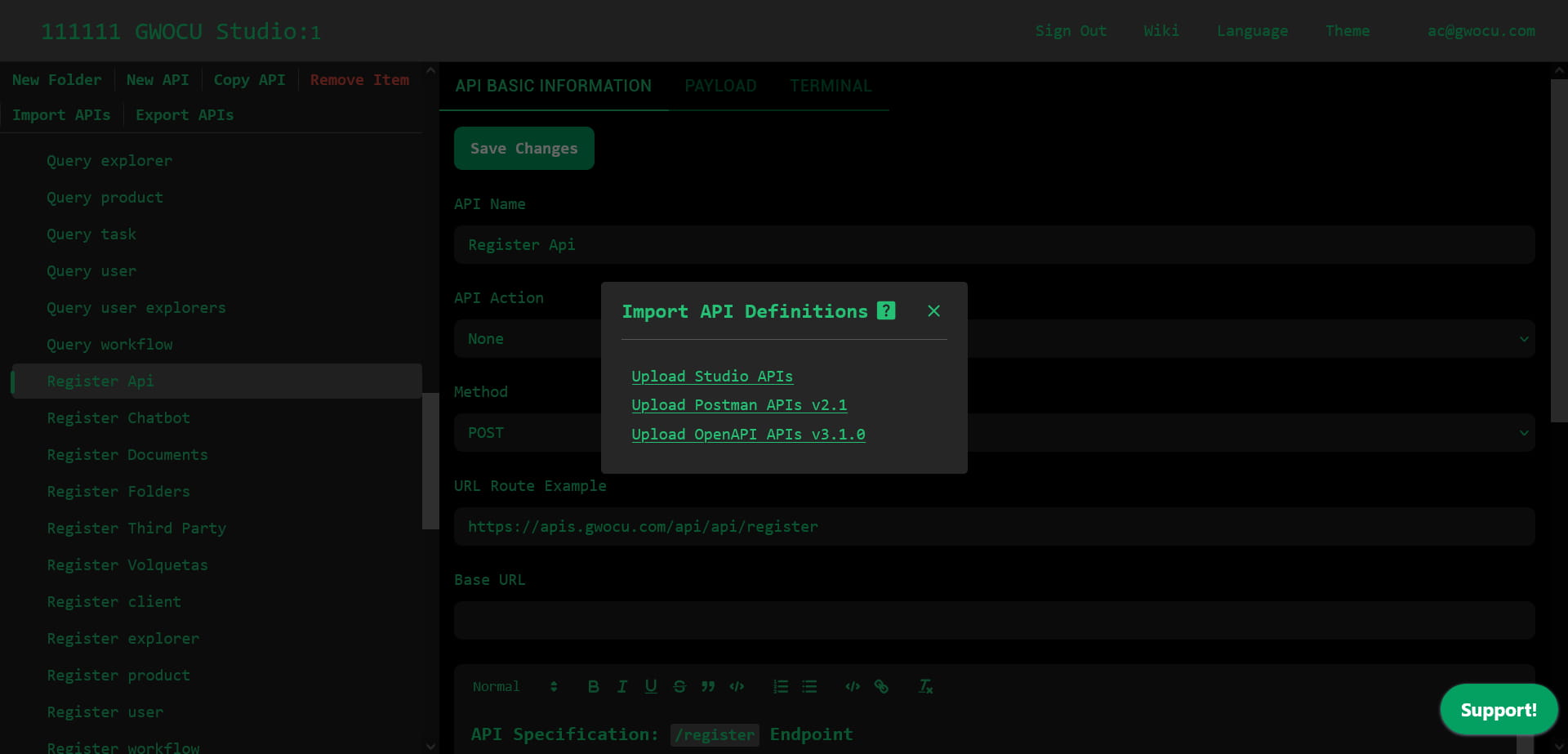 Import API Definitions modal dialog
