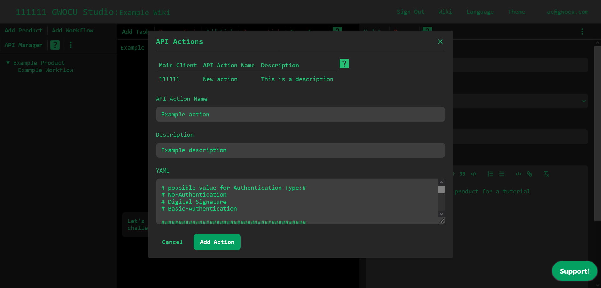 API Actions modal
