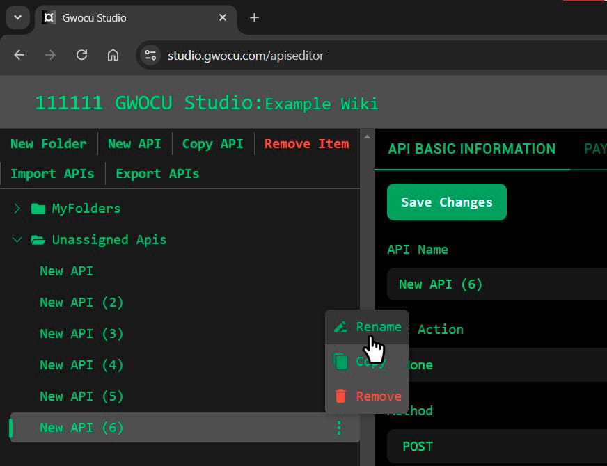 Rename API from the "More Options" menu