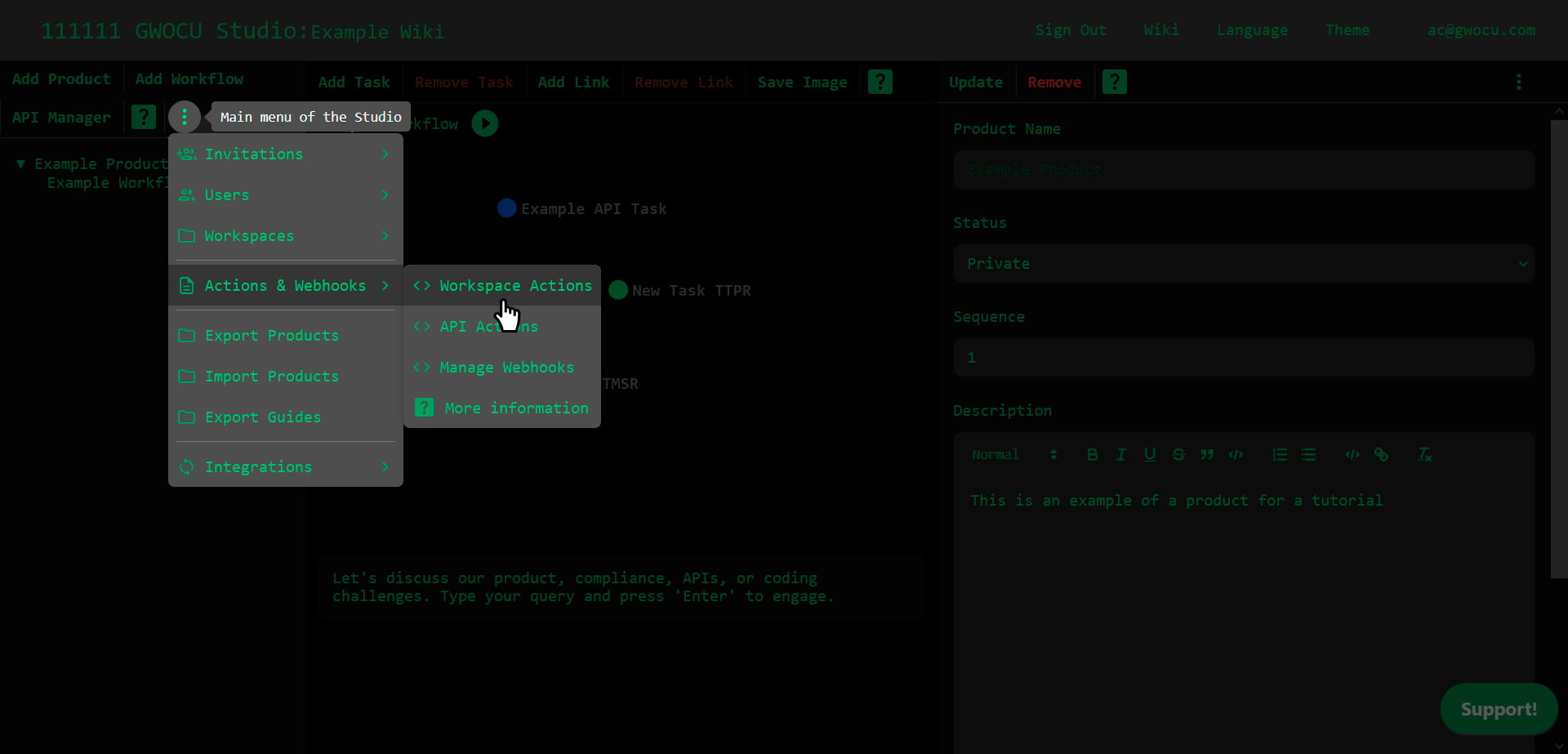 Workspace Actions menu option