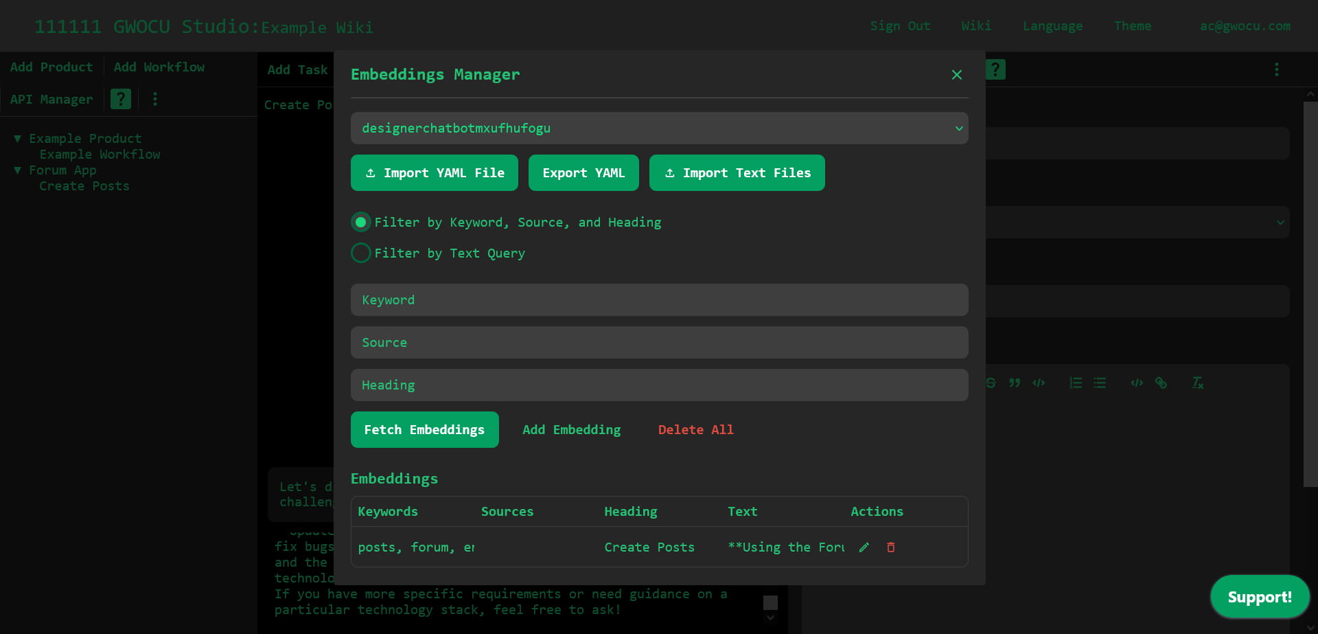 Search Results in Embeddings Manager Modal