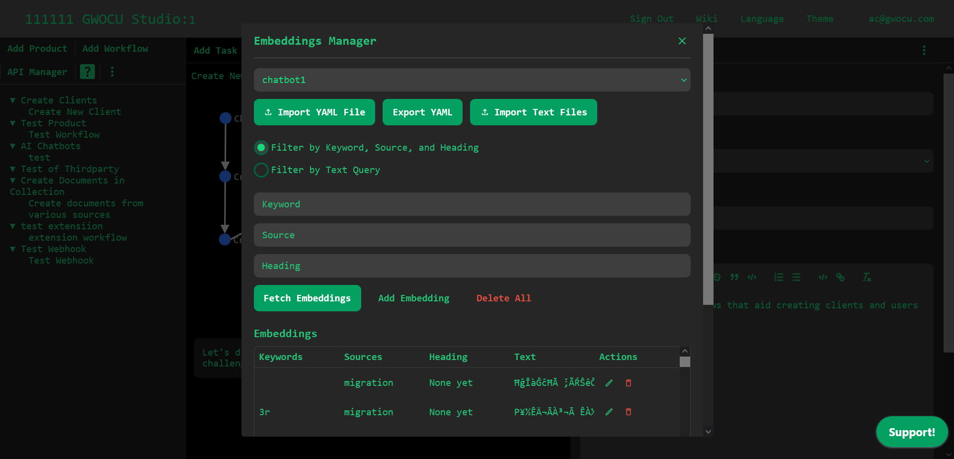 Embeddings Manager modal