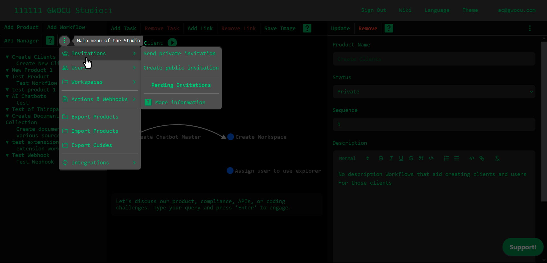 Send invitation submenu
