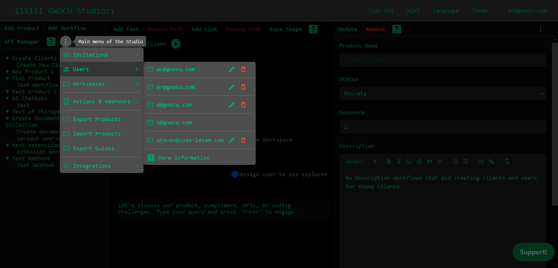 Users submenu