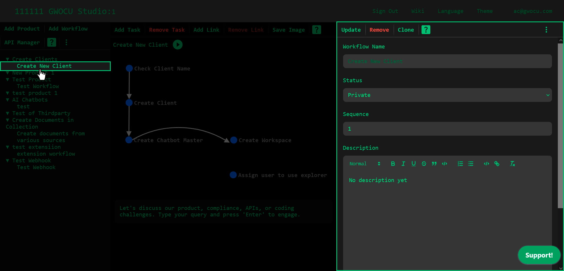 Selecting a workflow in the tree panel