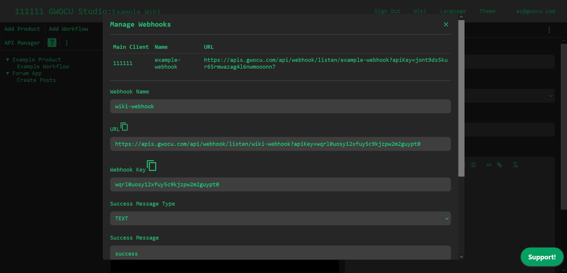 Manage Webhooks Modal